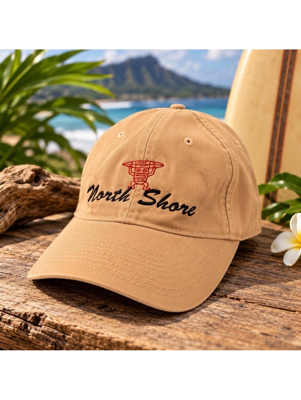 Vintage North Shore Hawaii Tiki Embroidered Tan Dad Hat Adjustable Surf Cap